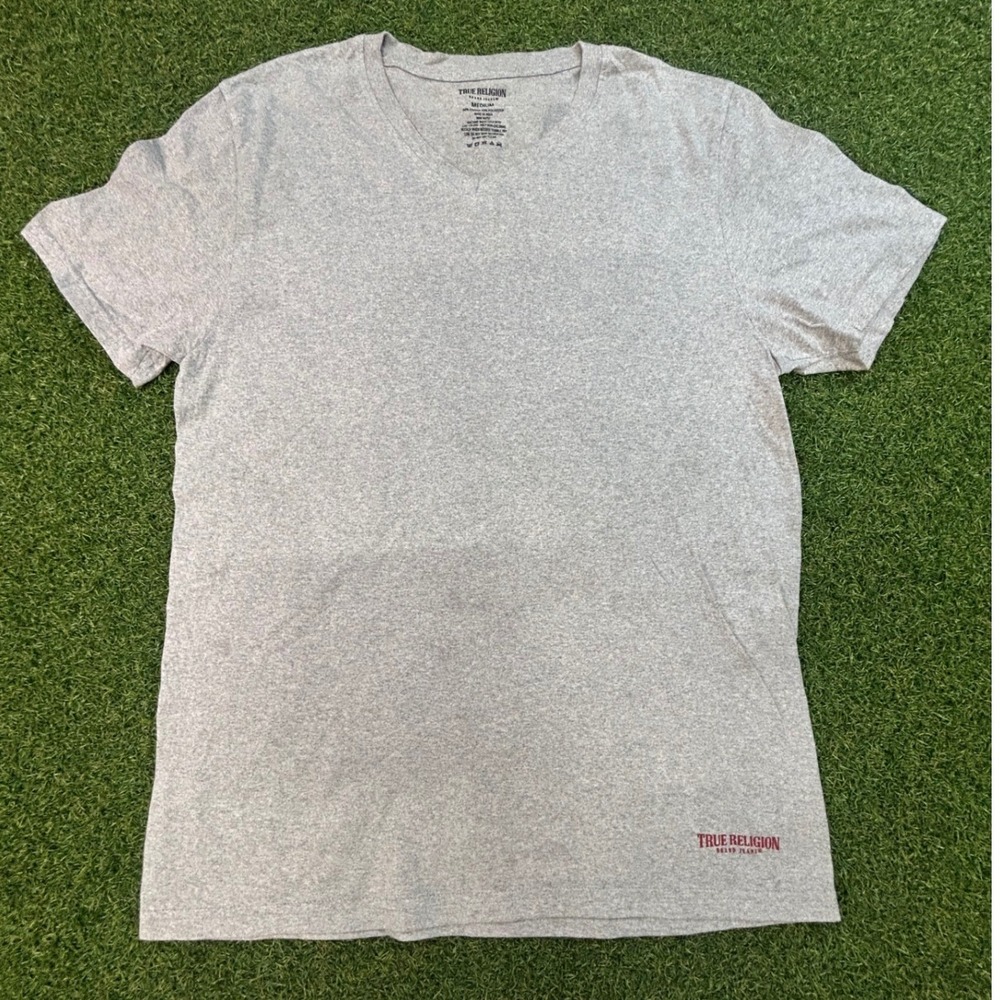 True Religion Mens V-Neck T-Shirt Heather Gray Short Sleeve Logo‎ Tee Medium